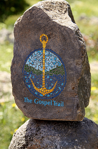 A colourful path marker for the Gospel Trail shows the way for the newest trail in the world.