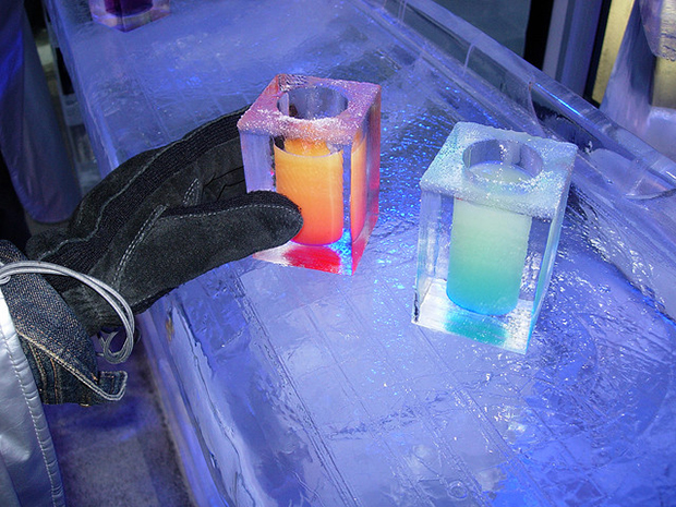 Ice bars tend to serve their colourful drinks in—you guessed it—ice cold shot glasses.