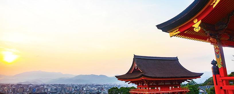 sunset over Japanese temples